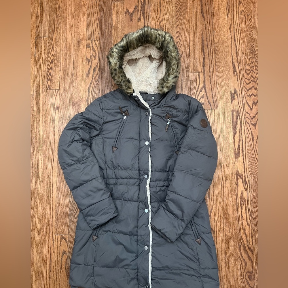 Lauren Ralph Lauren Women's Down Puffer Coat Gray Size S Faux Fur Hood Parka